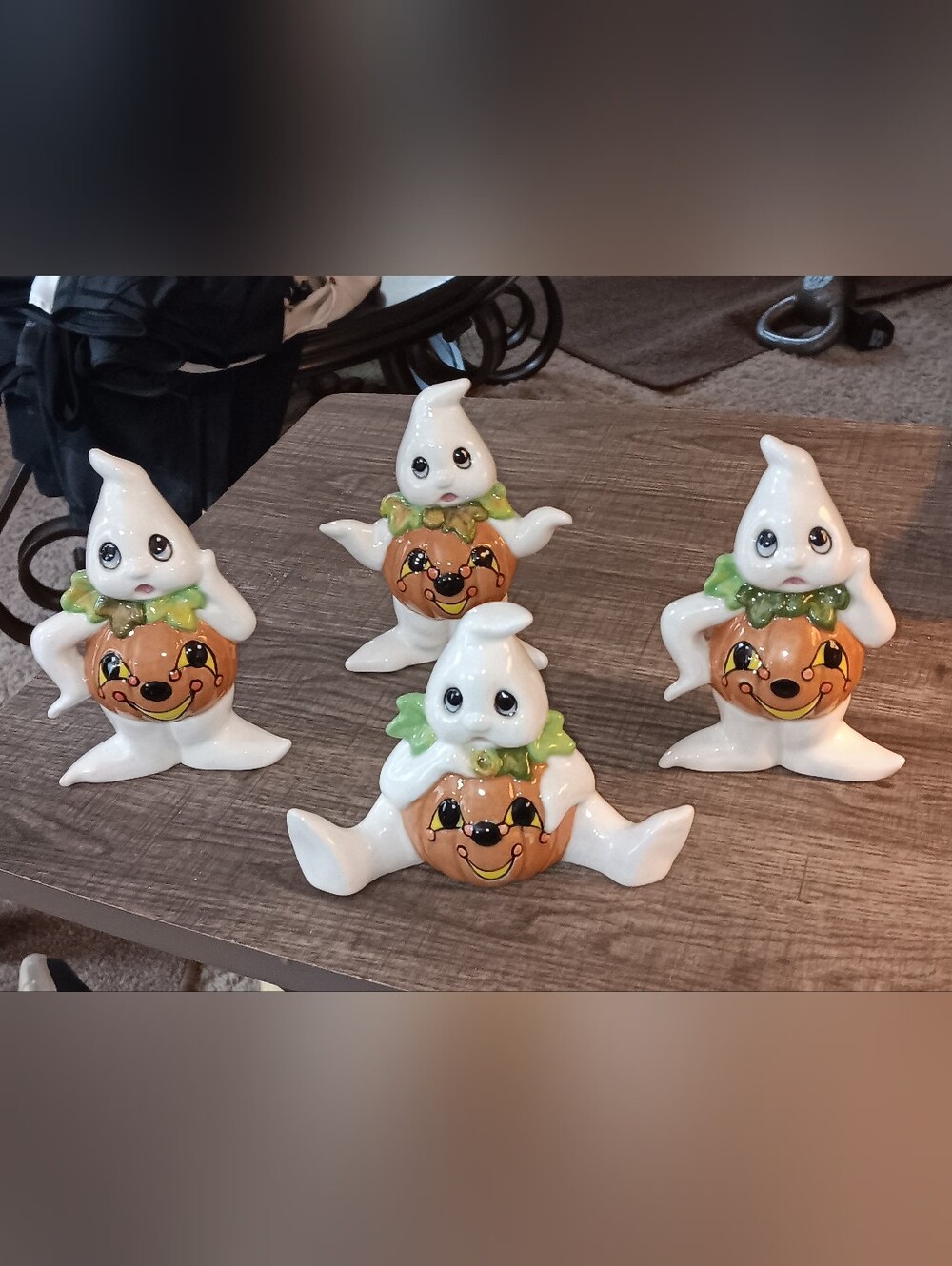 Halloween Set Of Four Ghost Pumpkin Ceramic Figurines - White and Orange